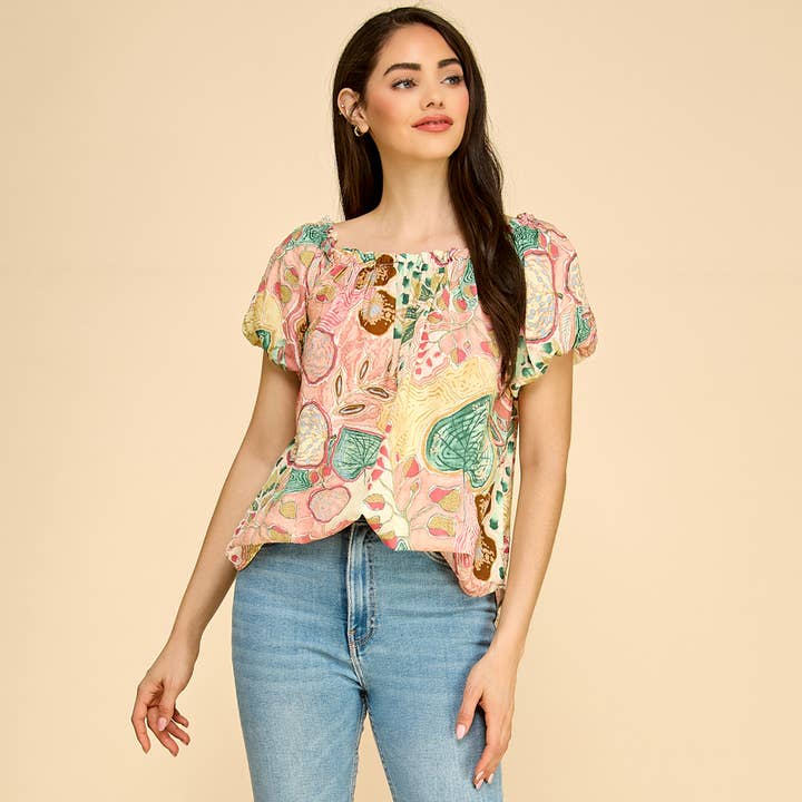 Haut à épaules dénudées à manches bouffantes à motif floral pour la vente par Les Amis