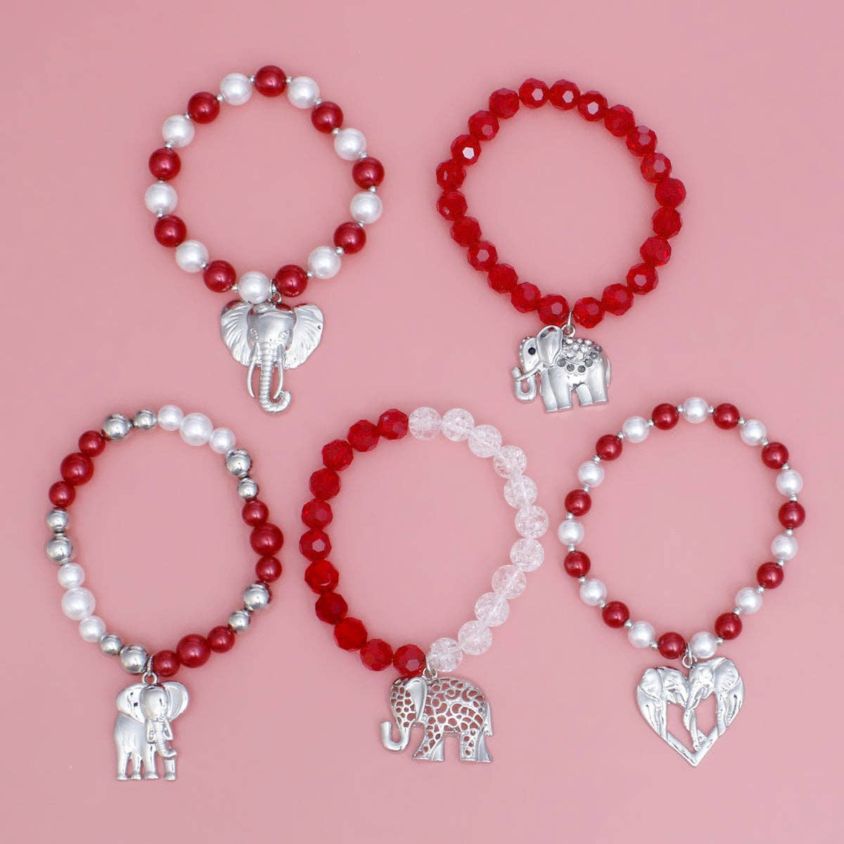 DST Red White Silver Elephant Charm Bracelet Set for wholesale on Faire3