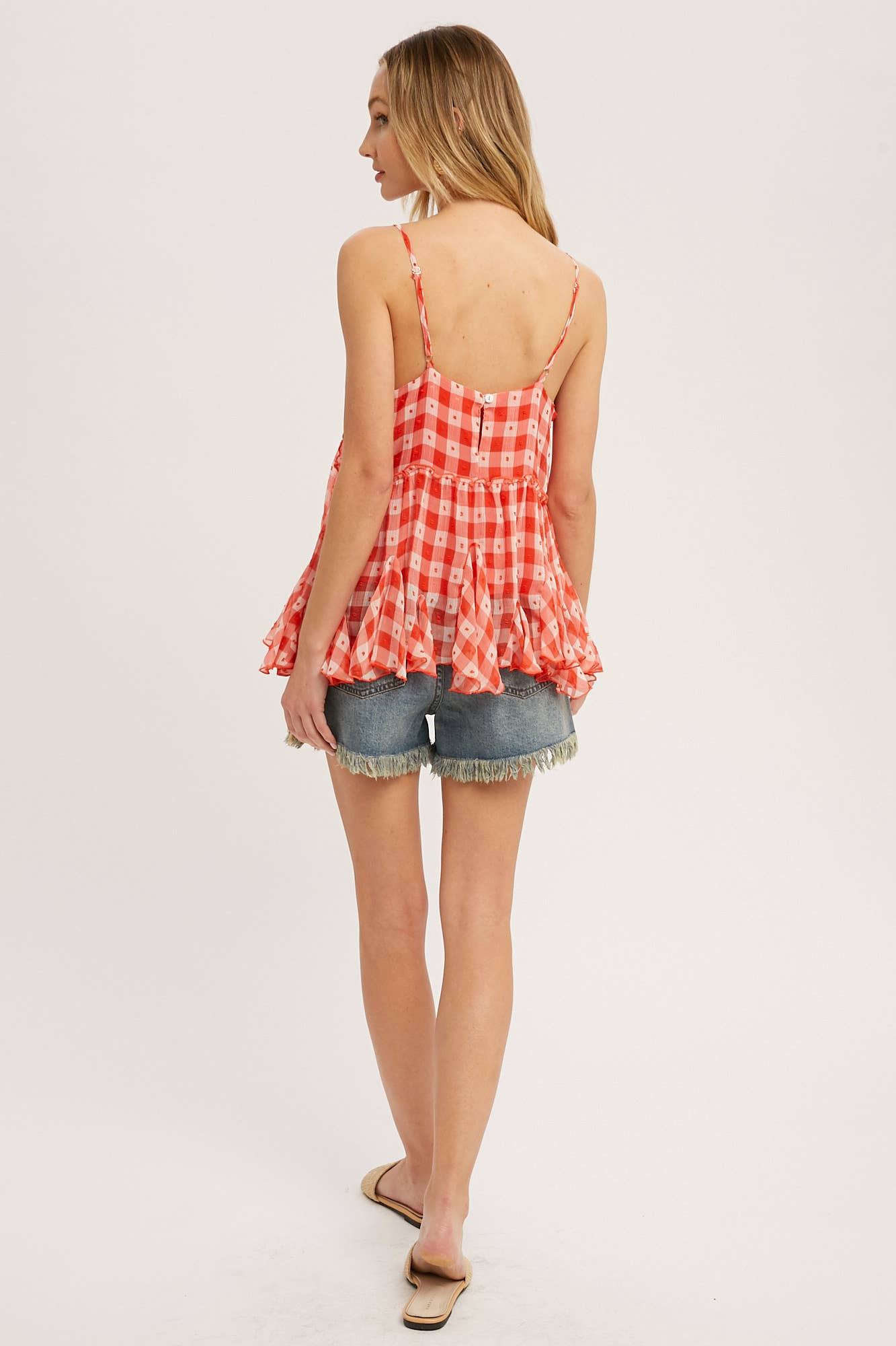 Bluivy – Top interior – Mulher por atacado – CAMI DE BAINHA DE BABADO DE CHIFFON XADREZ9