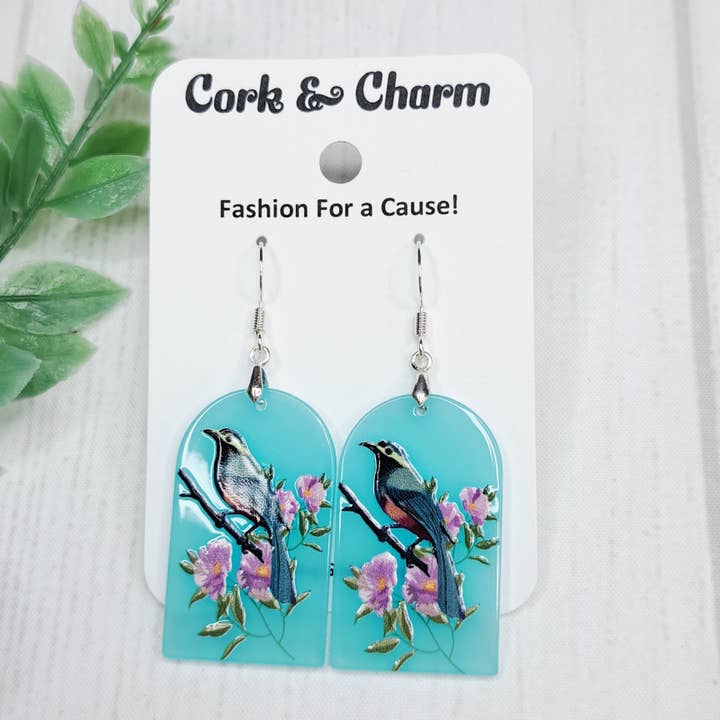 Bird Flower Scene Blue Acrylic Sterling Silver Earrings for wholesale by Cork and Charm