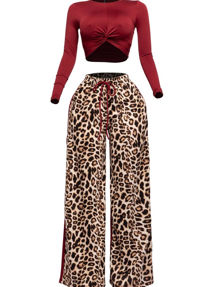 Long sleeve mid top and wide leg pants set for wholesale by K Too