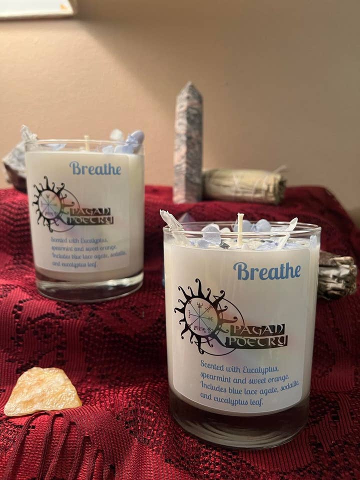 Bougie Intention- BREATHE- (eucalyptus, menthe verte, orange) pour la vente par Pagan Poetry