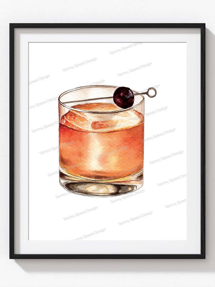 Whiskey on the Rocks Art Print, Watercolor Cocktail Print for wholesale by Tammy Speed Design