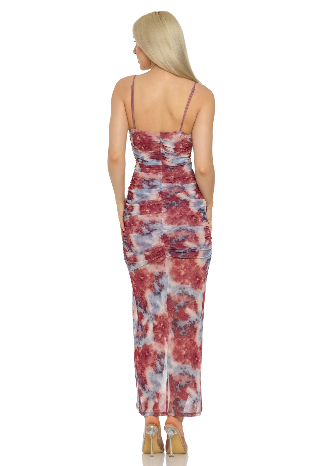 MAUVE CD40263: TIE DYE MESH RUCHED MIDI DRESS for wholesale on Faire2