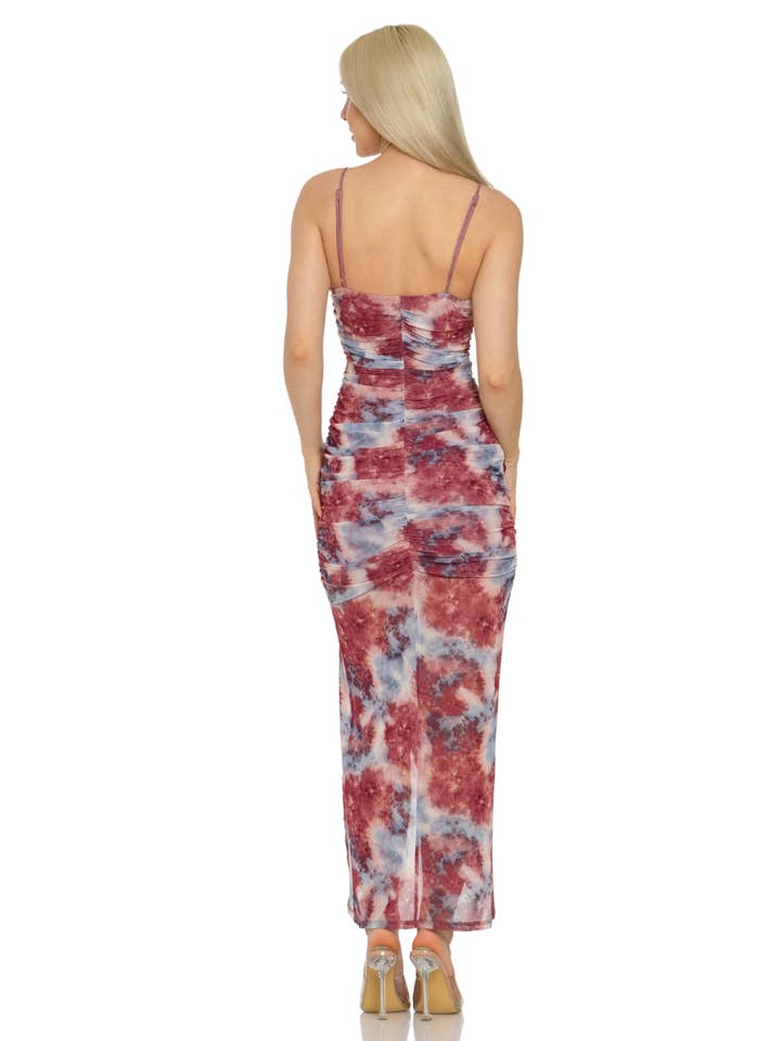 MAUVE CD40263: TIE DYE MESH RUCHED MIDI DRESS for wholesale on Faire2