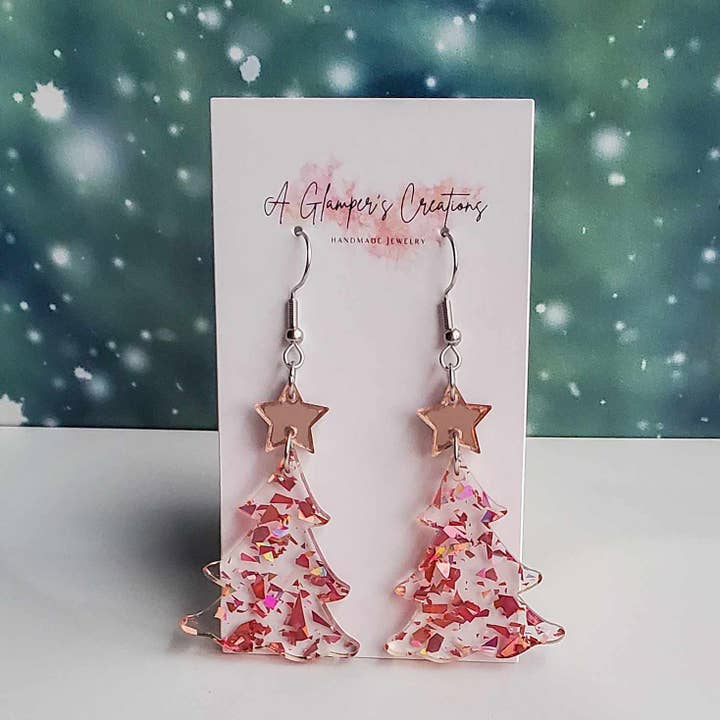 Christmas Tree Acrylic Earrings - Rosegold Flakes & Star for wholesale by A Glamper's Creations LLC