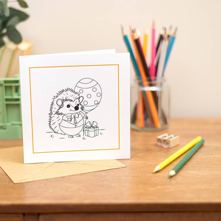 Children's Colouring In Party Hedgehog - Colouring In Card for wholesale by Sjstationery