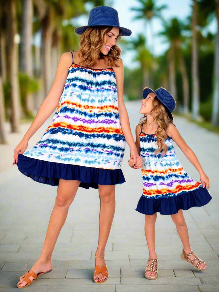 Mommy and Me Sunset Tie-Dye Ruffle Dress for wholesale by Mia Belle Girls • Wholesale