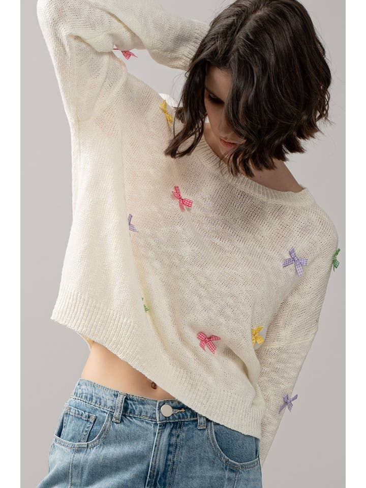IVORY Multicolor Gingham Bow Crew Neck Knit Sweater for wholesale on Faire