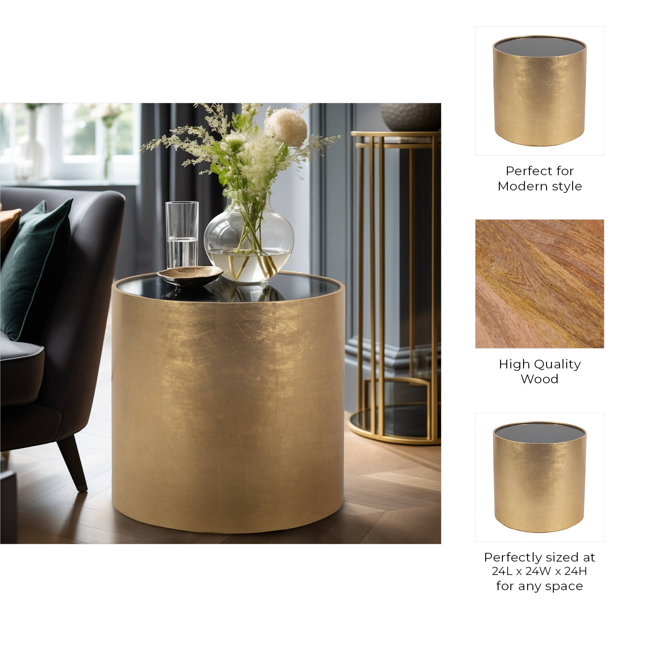Sagebrook Home - Wholesale Side Table - Side Table - Gold Glass Round Top Cylindrical Base, 24 in.2