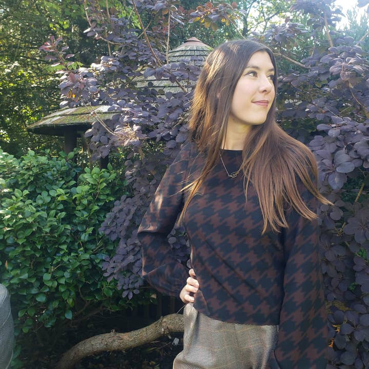 Houndstooth silk blouse for wholesale by OUT OF SYNC UK