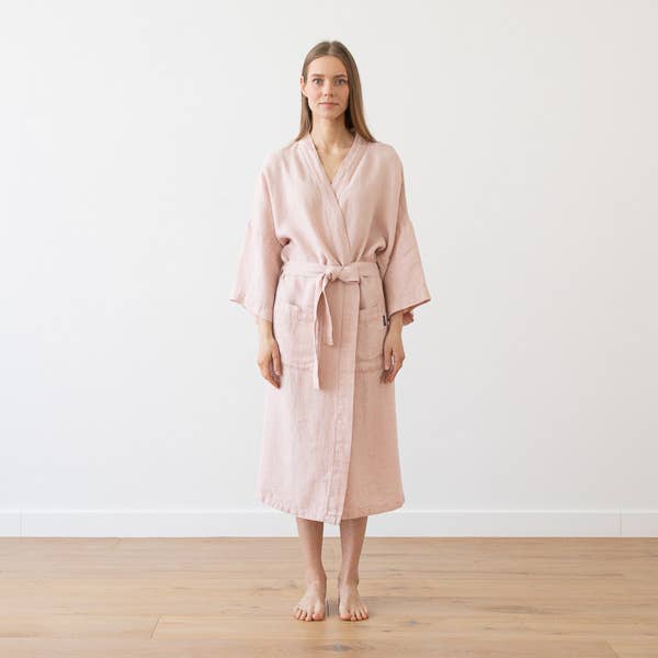 Linen Long Bath Robe Rosa Washed Waffle for wholesale by LinenMe
