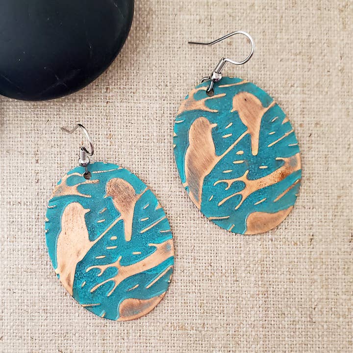Large Oval Embossed Bird Paint Patina Earrings for wholesale by Covaly Artisan Jewelry