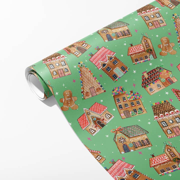 KelseyMDesigns - Vendita all'ingrosso Rotoli di carta da regalo - Carta da regalo natalizia Gingerbread House, rotolo da 3 fogli