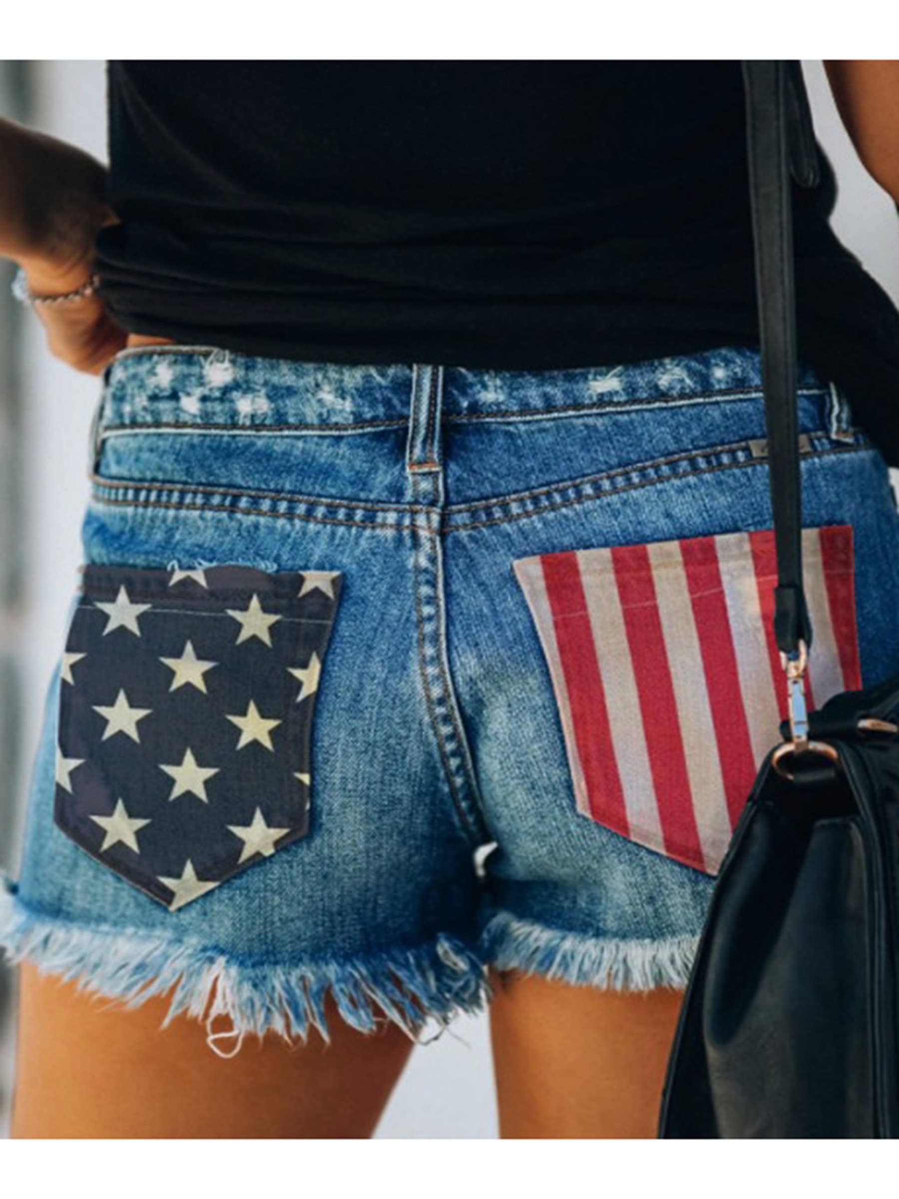 Wholesalesir - Wholesale Shorts - Women's - American Flag Printed Distressed Buttoned Denim Shorts0