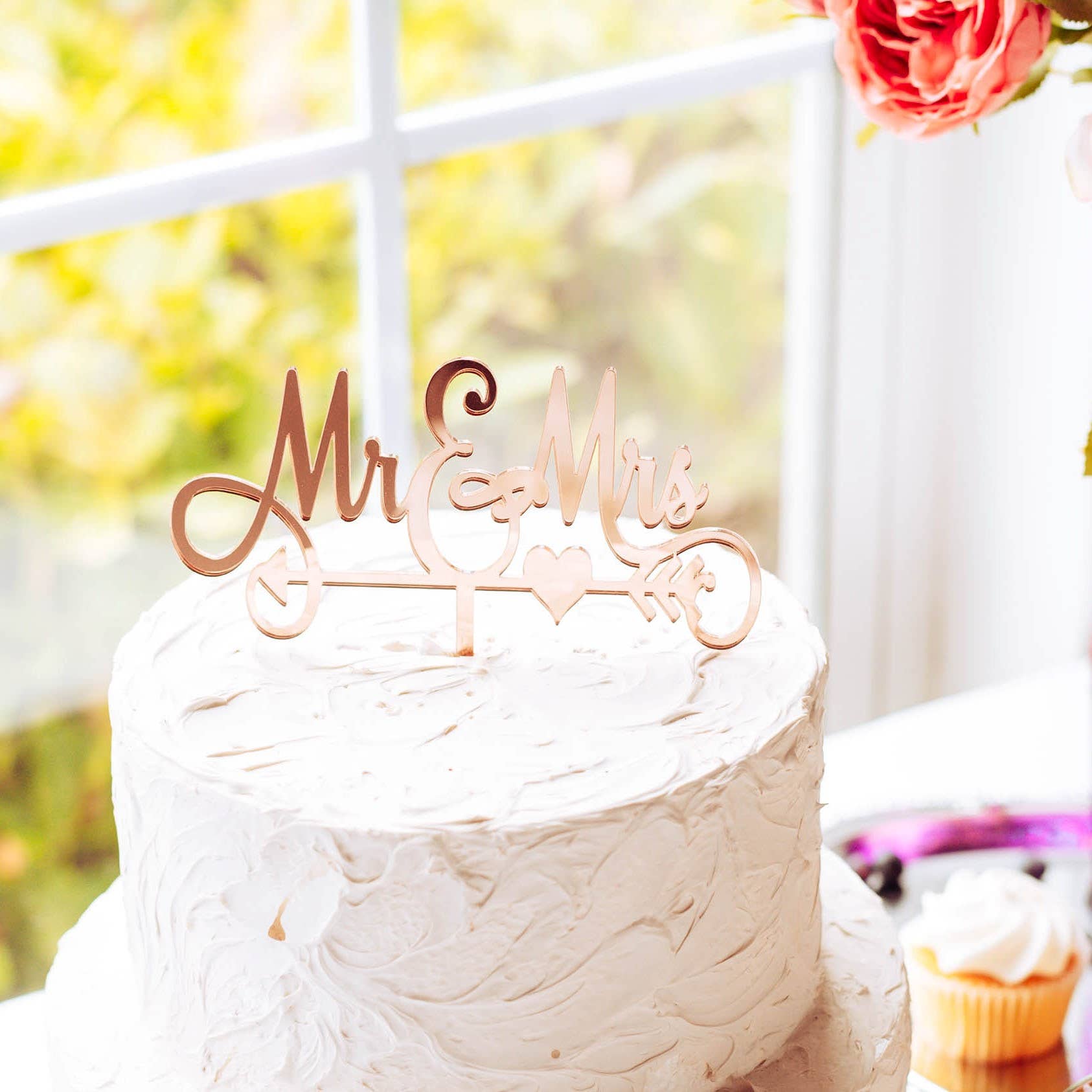 Sugar Crush Co - Wholesale Cake/Cupcake Topper - Mr and Mrs Wedding Cake Topper with Arrow in Rose Gold
