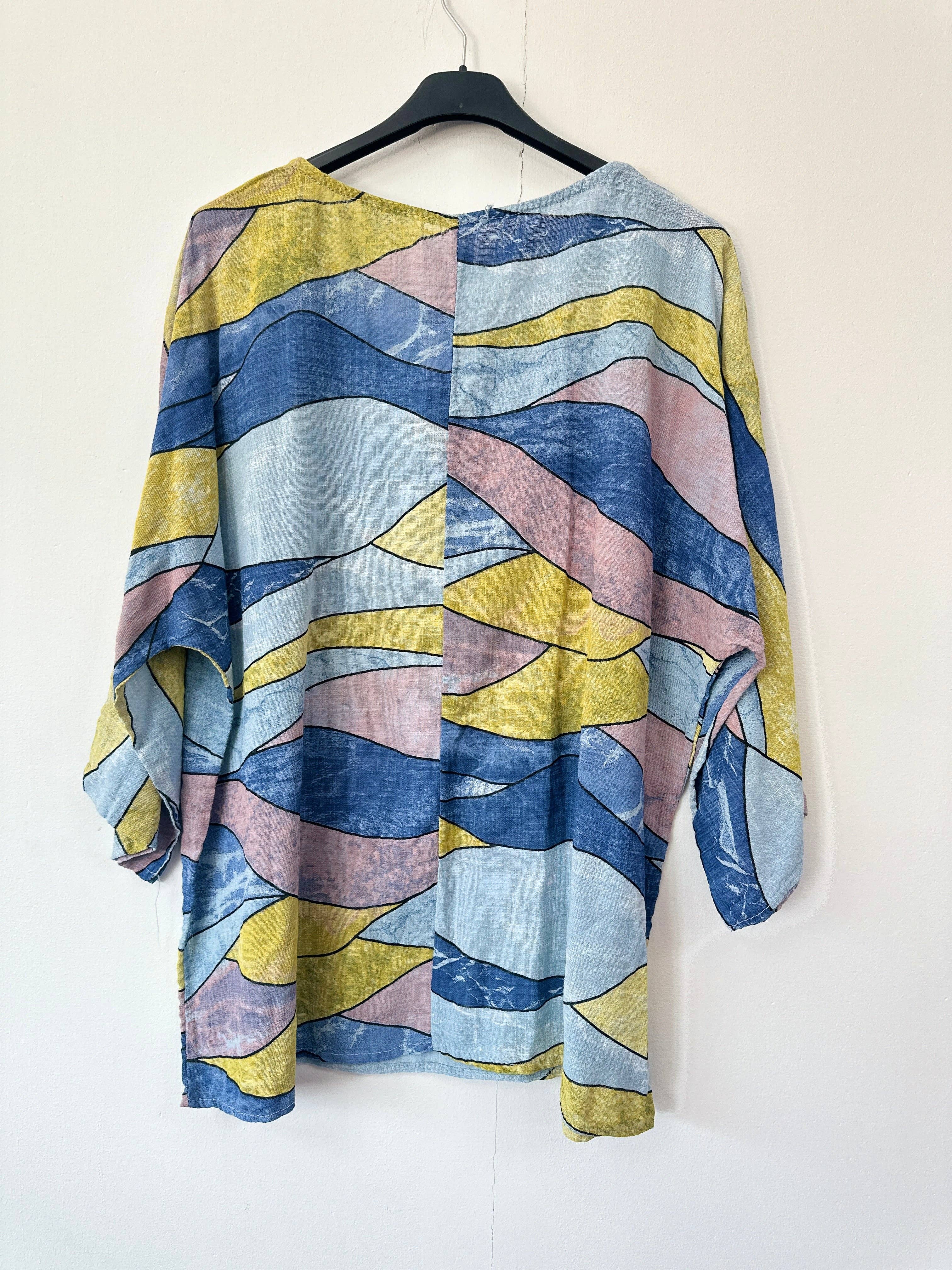 Miss Bold - Wholesale Blouse - Women's - Italian Abstract Print Oversized Linen Blend Top with 3by4 Sleeves0