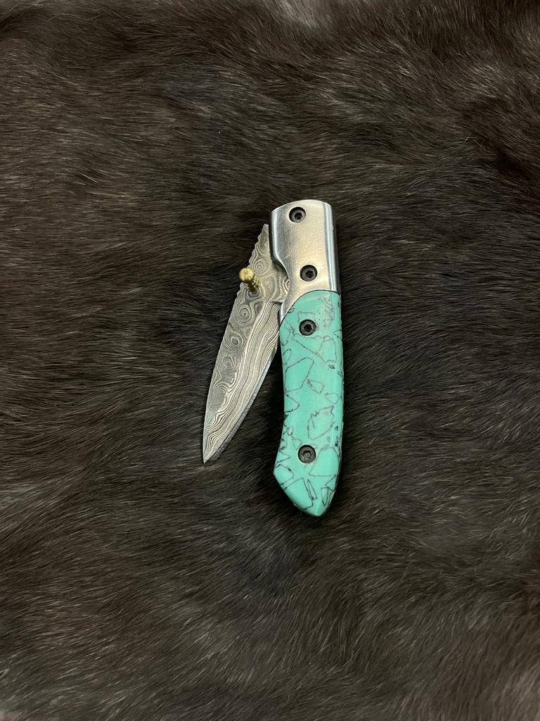 Titan International - Wholesale Pocket Knife/Holder - AzureGlide Damascus Steel Turquoise (Resin) Pocket Knife