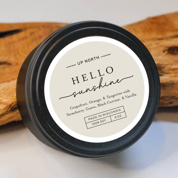 Hello Sunshine 100% Soy 8oz Candle Tin. Hand Poured. for wholesale by Up North Boutique