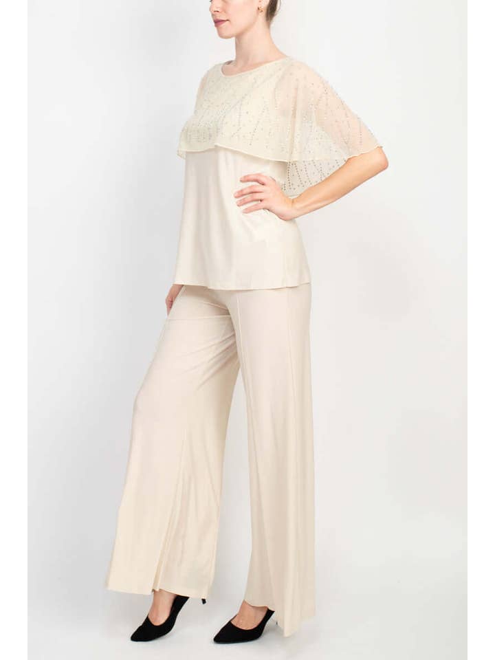 Immediate Apparel - Wholesale Top & Pant Set (NOT Loungewear) - Women's - Marina Boat Neck Embellished Capelet Sleeve Solid Top and Elastic Mid Waist Wide Leg wo Piece Pant Set5