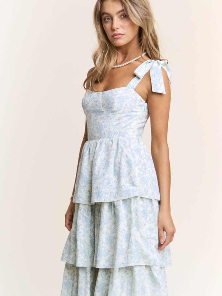 J.NNA - Wholesale Dress - Women's - Sweetheart Neckline Floral Print Tiered Midi Dress S-L