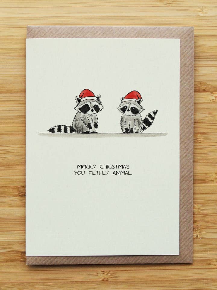 Raccoons Christmas Card - Cute - Santa Hat- Recycled Card for wholesale by RossJDesigns