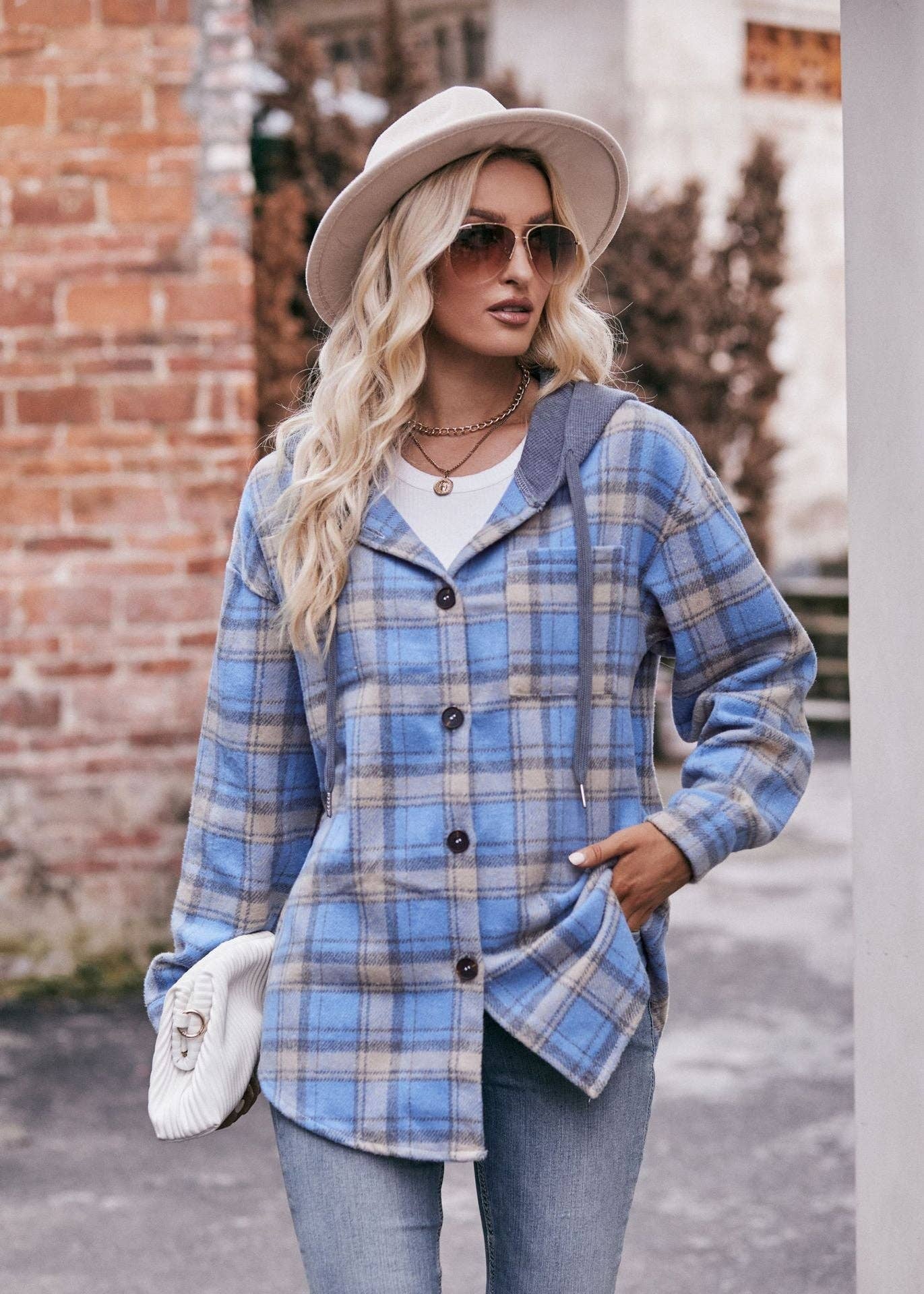 Lovesoft - Wholesale Hoodie - Women's - Women's Flannel Checked Jacket Hooded Casual Shirt3