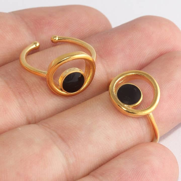 Anneaux en or brillant 24k de 16-17mm, anneaux œil en émail noir, XP333 pour la vente par QueenJewelryM