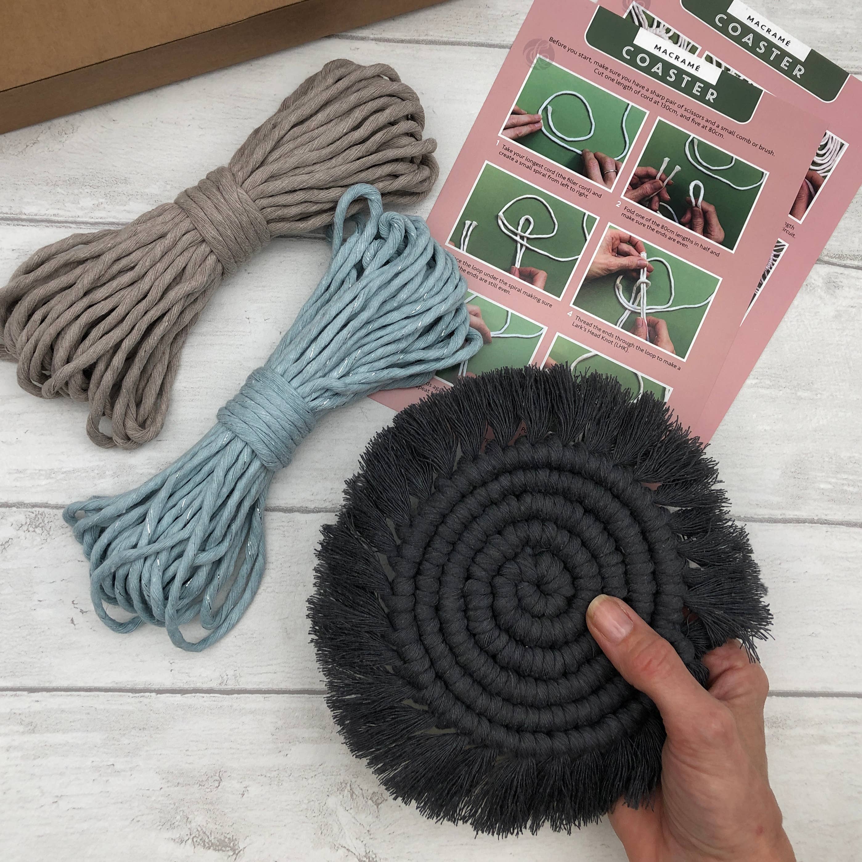 Bergin & Bath - Wholesale DIY Craft Kit - Macrame Kit Coasters - Mist Blue, Pearl and Charcoal7