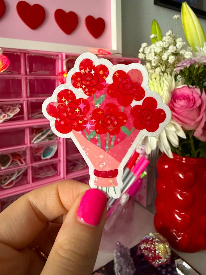 Valentine's day flower bouquet sticker (holographic) for wholesale by Party Like A King