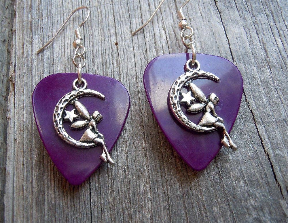 Simply Raevyn - Wholesale Dangle Earrings - Fairy on the Half Moon Charm Guitar Pick Earrings20
