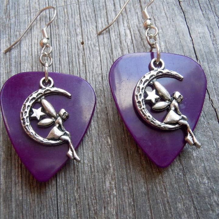 Simply Raevyn - Wholesale Dangle Earrings - Fairy on the Half Moon Charm Guitar Pick Earrings20