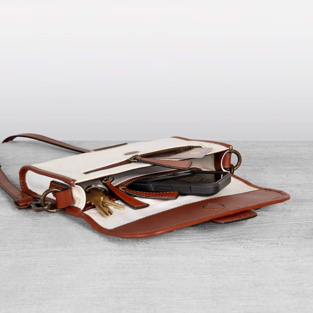 URBAN-EQUESTRIAN - Wholesale Crossbody Bag - Women's - Dalton - Horse Bit Crossbody Luxury Leather Handbag in Cognac on Ivory4