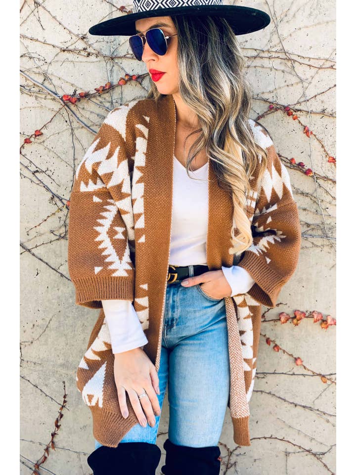 Caramel Open Front Aztec Printed Knitted Cardigan for wholesale on Faire4