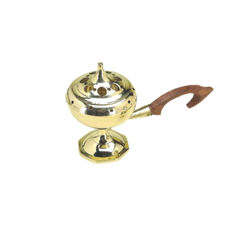 Brûleur en laiton avec couvercle et manche en bois (7 po) pour la vente par Designs by Deekay Inc.