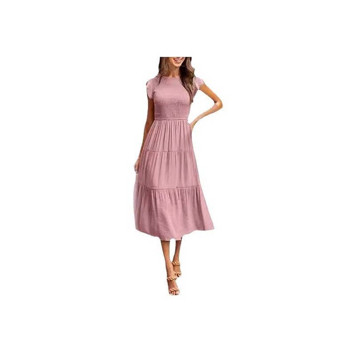 Sheer Trend - Wholesale Dress - Women's - Floral Pleated Layered Short Sleeve Midi Dress