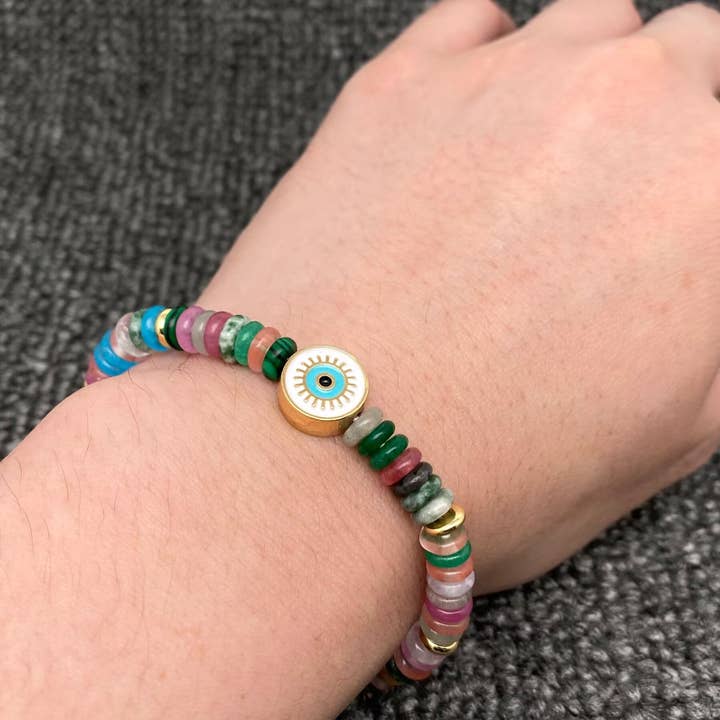 Mio Queena - Wholesale Beaded Bracelet - Enamel Evil Eye Charm Stone Beaded Elastic Bracelet - CS