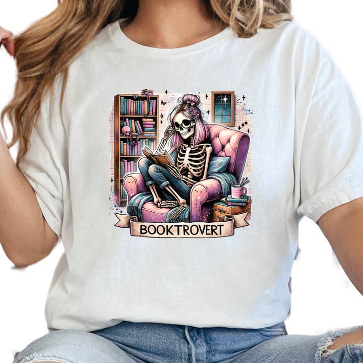 Purely Bookish - Wholesale T-shirt (graphic) – women's - Booktrovert Shirt – Cozy Skeleton Reading Tee – Funny Introvert Book Lover Shirt – Spooky Bookish Graphic Tee – Goth Bookworm Gift3