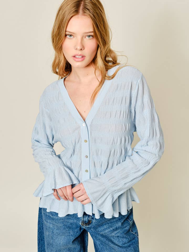 AJT5479 SOFT SMOCKED RUFFLE SWEATER CARDIGAN for wholesale by Aaron & Amber