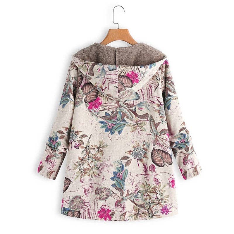 FurDecoration - Wholesale Jacket - Women's - Vintage Floral Print Hooded Long Sleeve Jacket6