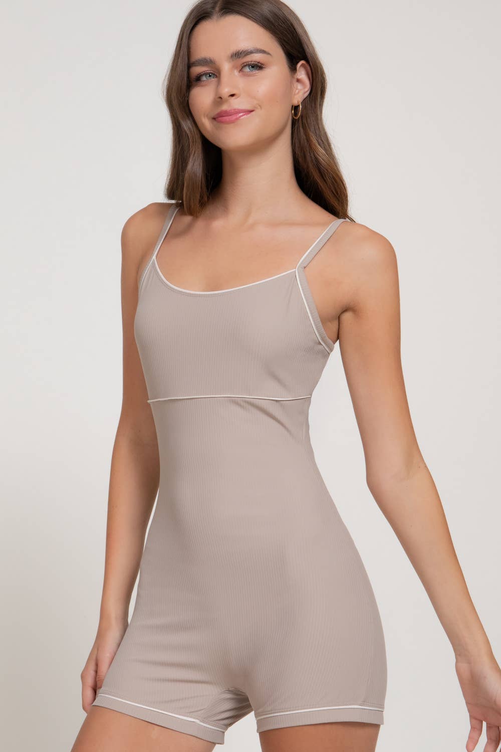 Active Basic | Active USA - Wholesale Romper - Women's - Workout Ribbed Cami Romper with Contrasting Piping Detail5