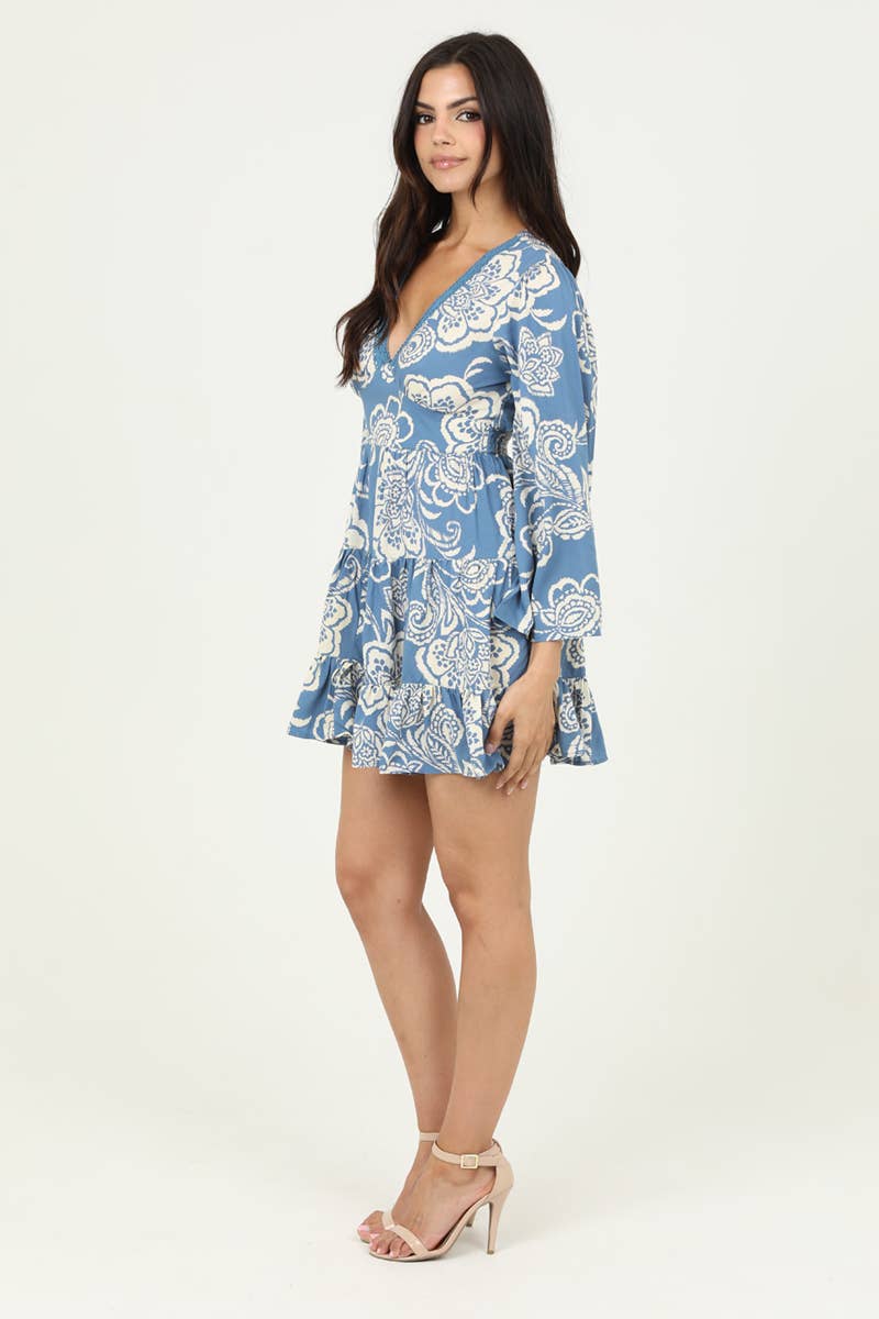 ANGIE – wholesale Dress – Women's – C4B15-A888 V NECK LACE TRIM FLARE SLEEVE DRESS3