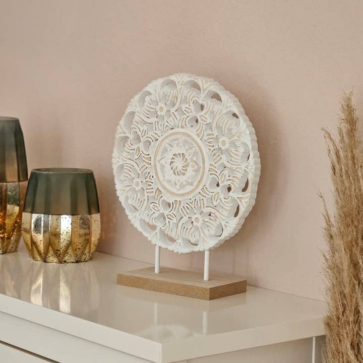 Meinposten – wholesale Dekorativt bordsobjekt – Dekoration med sockel Ställ träbild Shabby vintage blommönster Rund Ø 23cm