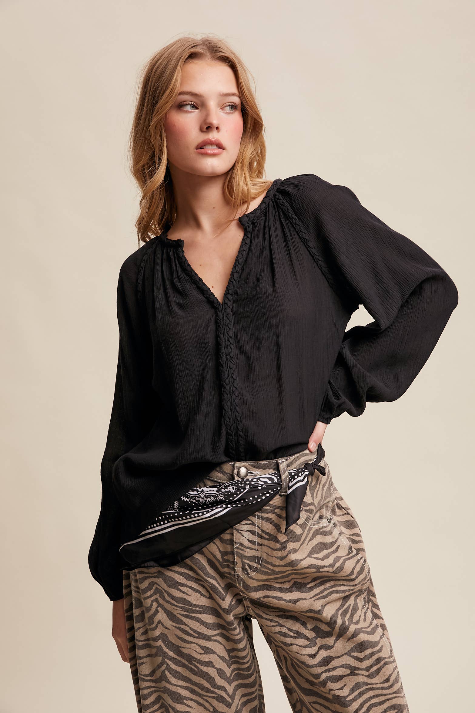 Listicle - Wholesale Blouse - Women's - Braided Trim Peasant Blouse LT144729