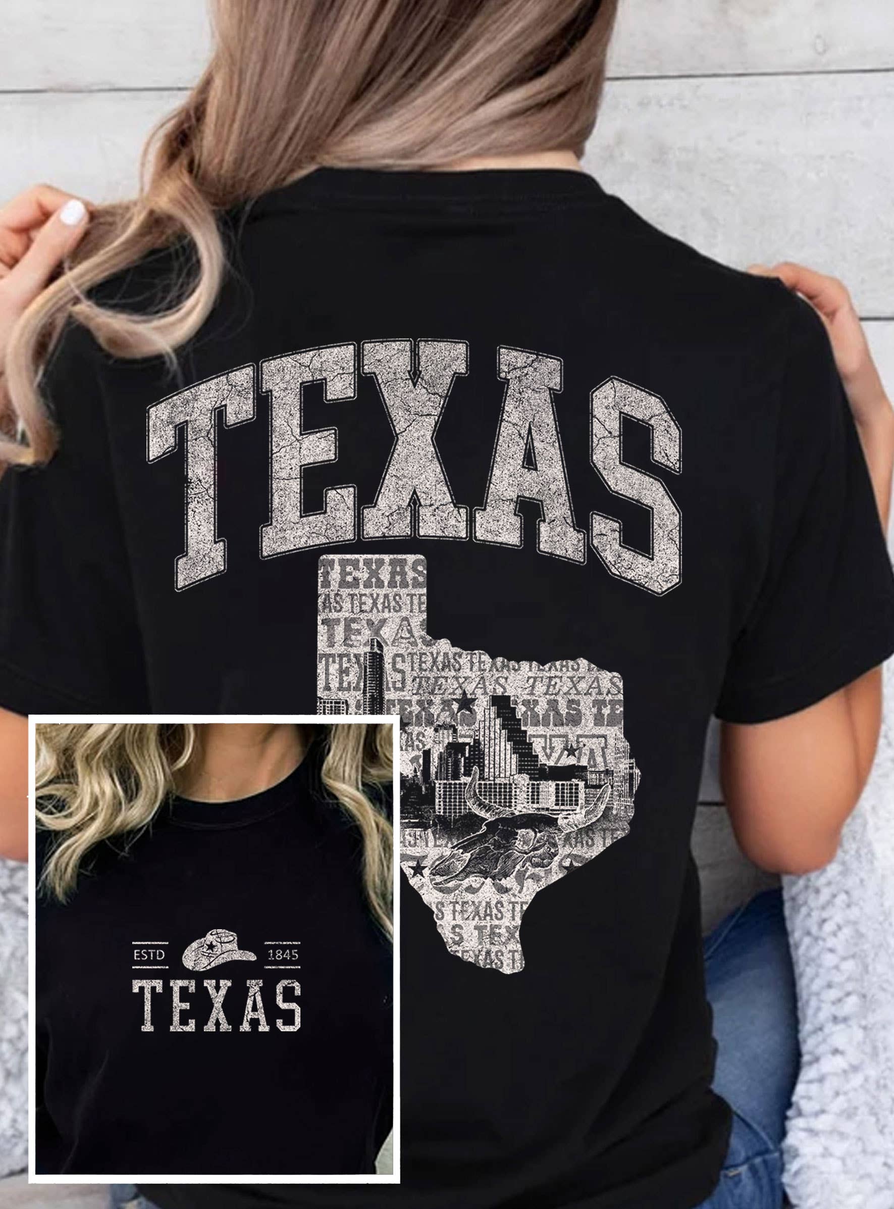 Rustee Clothing – Großhandel T-Shirt mit Siebdruck – Unisex – TEXAS STATE GRAFIK-T-SHIRTS VORNE UND HINTEN1