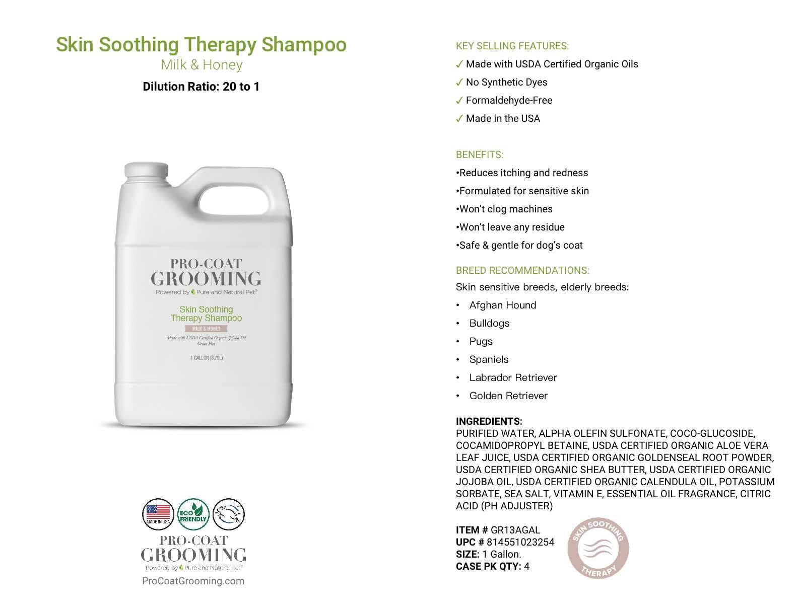 Pure and Natural Pet - Vente Shampoing – chien - Shampooing Thérapeutique Apaisant pour la Peau des Chiens - 3,78 litres (1 gallon)1