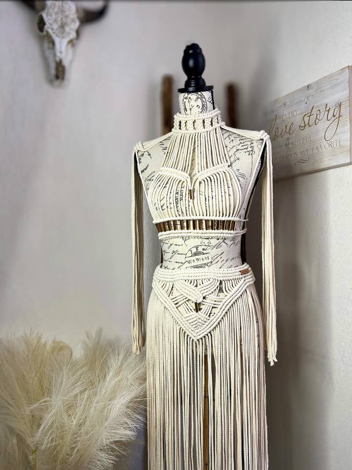 NATURAL Zamna Luxury handmade festival set in macrame, Goddess Set. for wholesale on Faire4