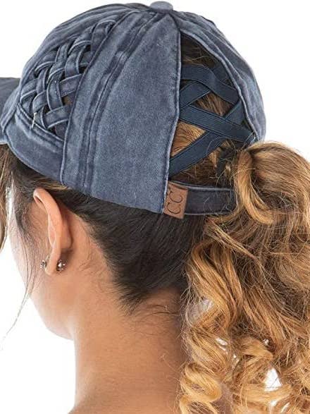 Criss Cross Ponycap - Navy Basket Weave für den Großhandel von Funky Junque