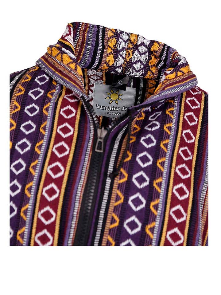 Sunshine Joy - Wholesale Hoodie - Unisex - Woven Baja Style Hoodie Zip up Purple/Gold1