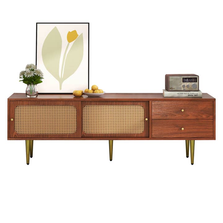 Urban Meuble - Wholesale Console Table - Dark wood effect rattan TV stand with 2 sliding doors, 2 drawers, and gold legs IZEID23